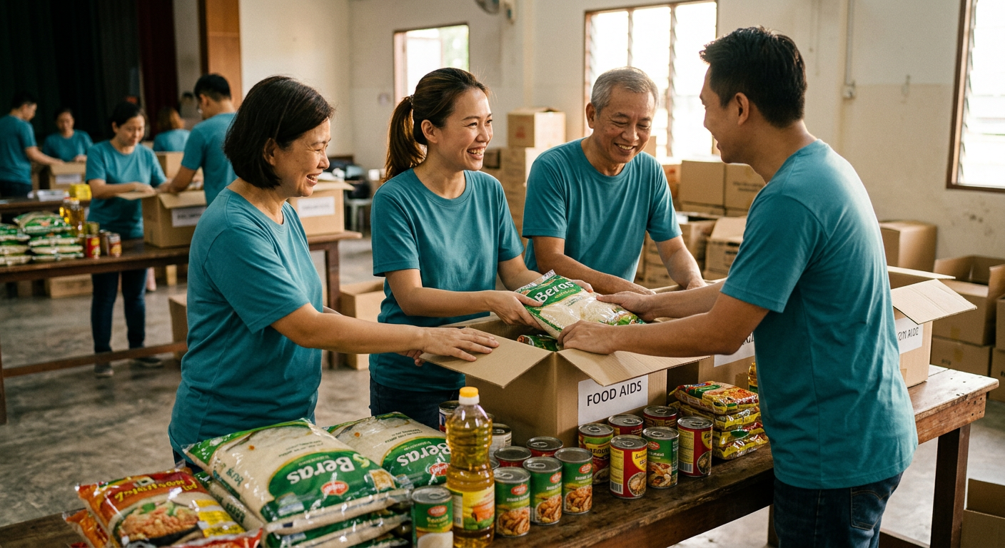 Volunteers packing food aid boxes