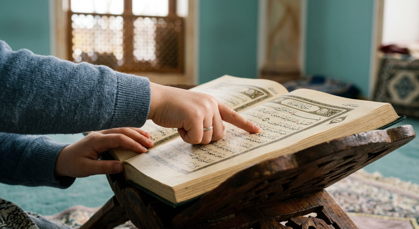 A child following Arabic text in an open Quran